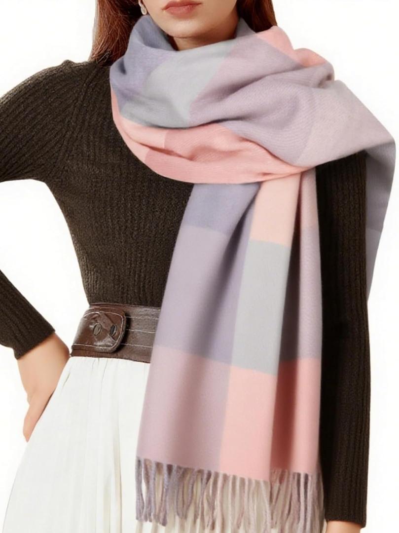 Womens Scarf Winter Blanket Large Scarves Thick Soft Warm Plaid Chunky Scarfs (D-mix Light Pink)