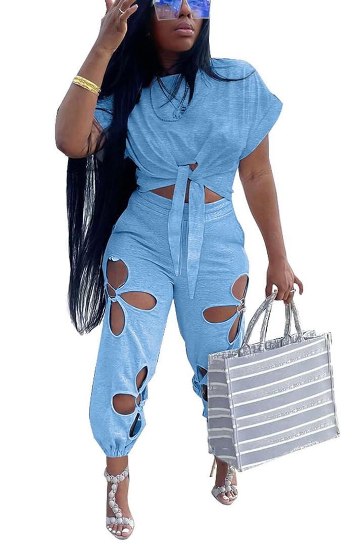 KEYUFANG Women 2 Piece Outfit Casual Summer Set Crop Top Sweatpants Women Trendy Blue Jumpsuit with Pocket, Large