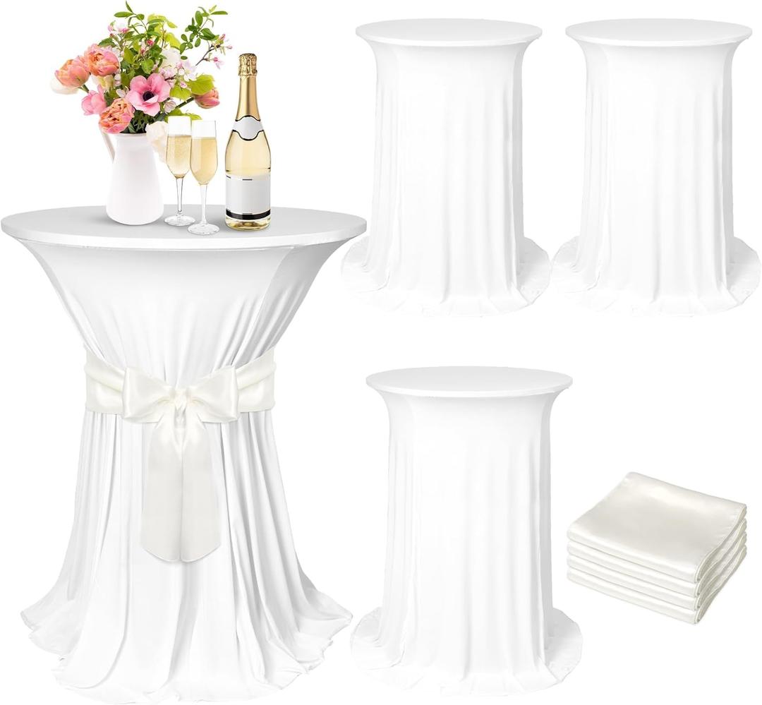 Kochorie 4 Set Cocktail Table Covers with Satin Sash, 32 x 43 Inch Round Cocktail Table Skirt, Spandex Stretch High Top Tablecloth for Wedding Banquet Birthday Party Decorations, (White, Ivory)