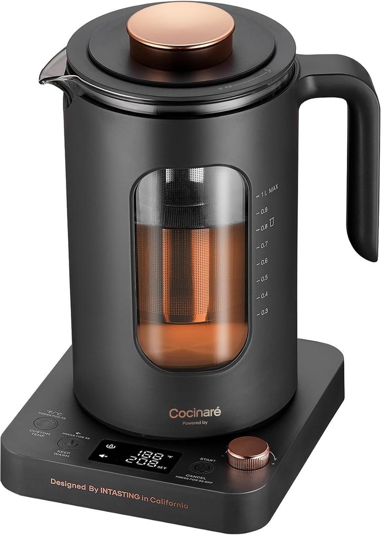 INTASTING Electric Tea Kettle, Electric Kettle with Tea Infuser, 1 Knob Temperature Control, BPA-Free Glass, 1200W Fast Heating, Easy to Clean, 1 Liter (Dark Gray)