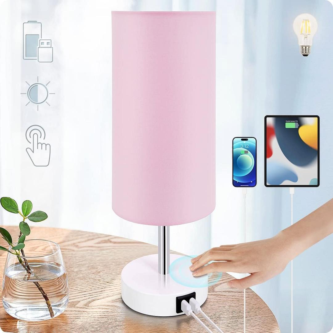 Yarra-Decor Desk Lamp with USB Port, Touch Control Desk Lamp with 3 Levels Brightness, Bedside Table Lamp with Round Pink Shade for Bedroom, Living Room, Dorm, Home Office