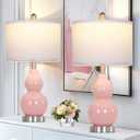 Double Gourd Ceramic Table Lamps Set of 2, Modern Pink Bedside Lamps for Night Stand, Contemporary Nightstand Lamps for Bedroom Living Room (Bulb Included)