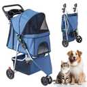 KMFurnila 3 Wheel Pet Stroller for Dogs and Cats, Foldable, Lightweight and Durable, Ideal for Small to Medium Pets, Includes Storage Basket and Cup Holders