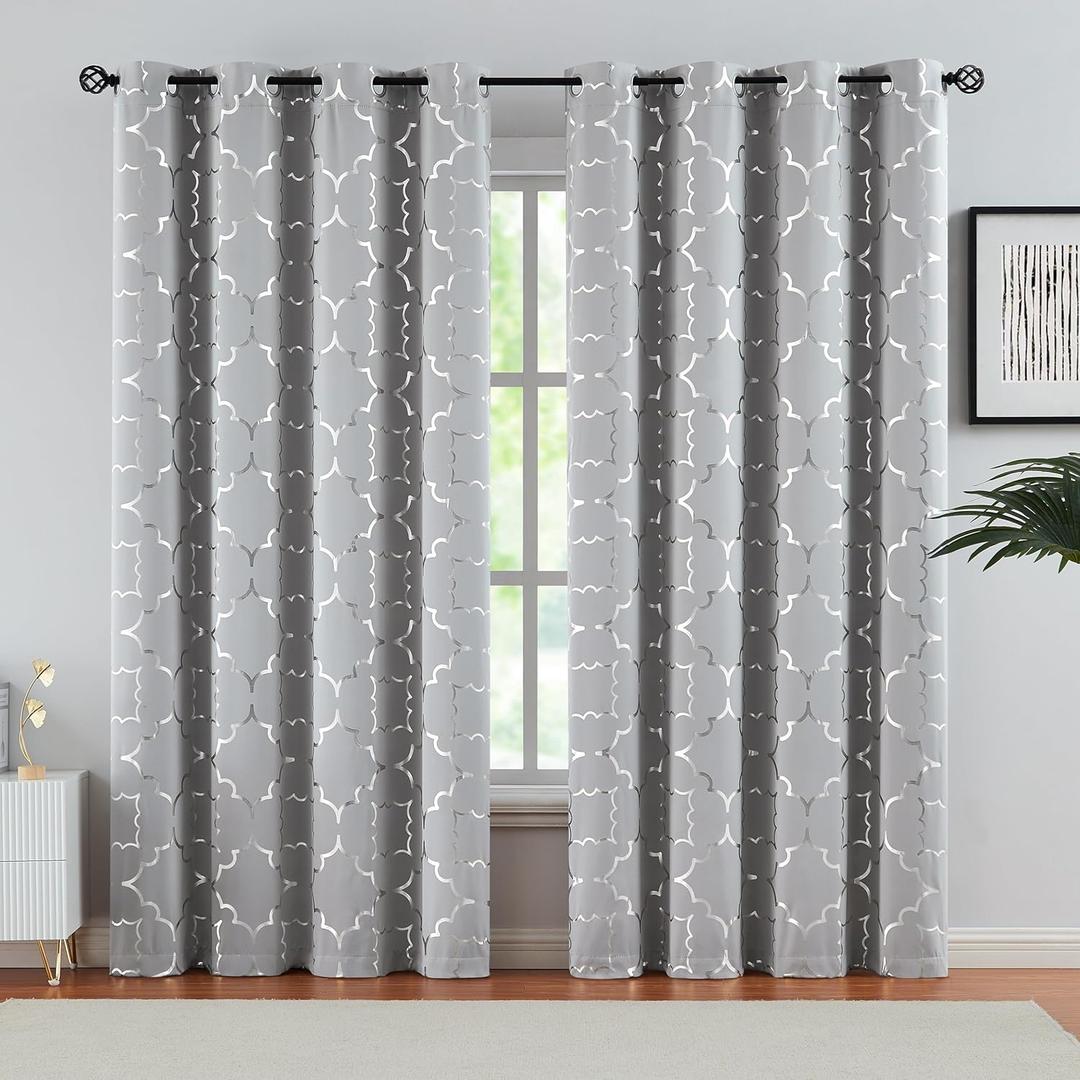 Grey Blackout Curtains for Bedroom 90 Inch Long Silver Foil Metallic Panels Energy Efficient Moroccan Drapes for Living Room Decor, Thermal Insulated Window Treatments Grommet Top, 2 Panels