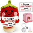 Happy Birthday Crochet Strawberry Gifts: 'Happy Birthday, You're BERRY Awesome' Strawberry with Emotional Positive Support Card & Base, Party Decorations for Women Daughter Friends Sister Classmates
