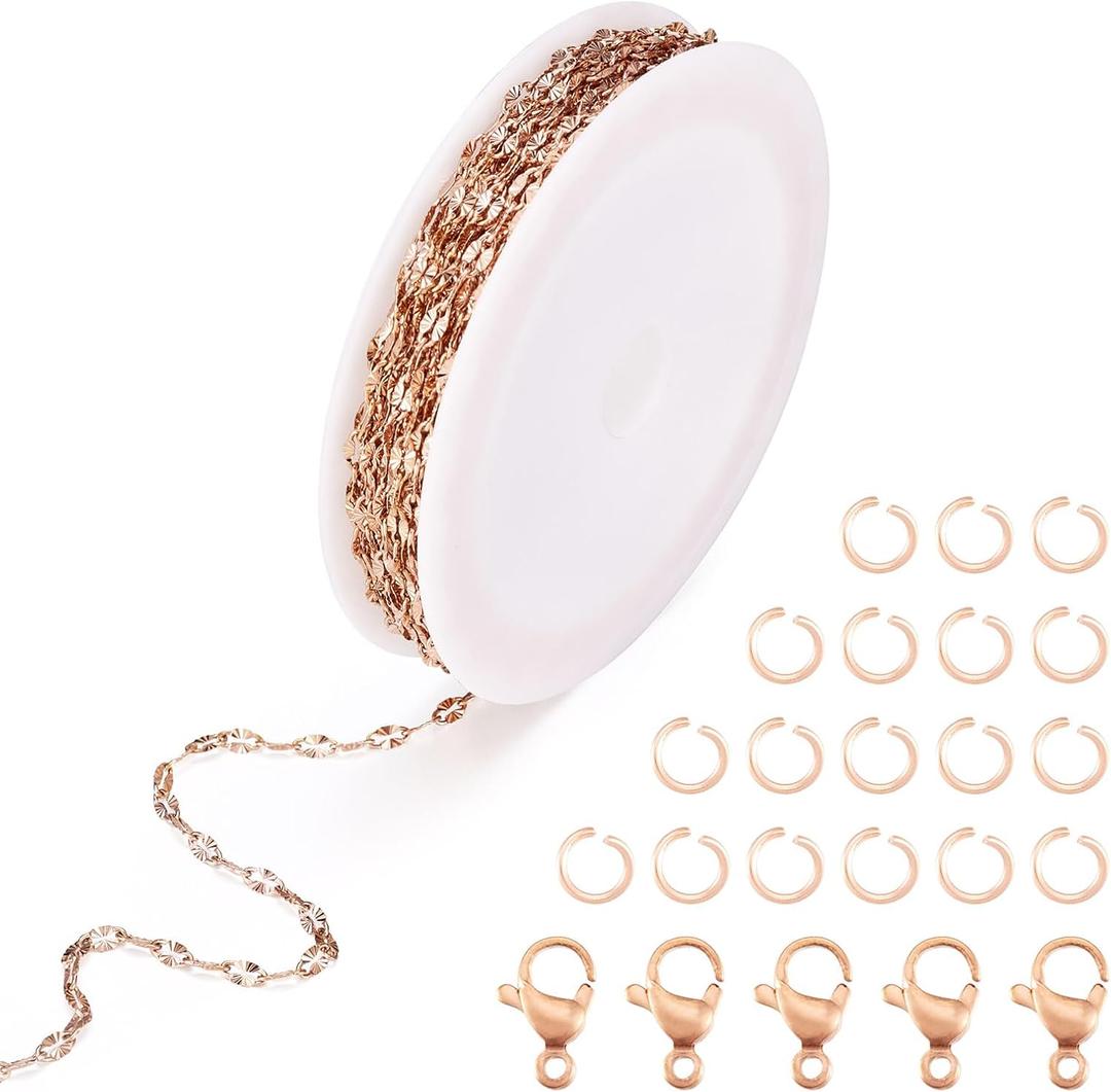 Elecrelive 16.4 Feet Stainless Steel Dapped Chains for Jewelry Making Rose Gold Soldered Links Chains with Spool Necklace Chain with 5 Lobster Clasps 20 Jump Rings for Necklace Bracelet Making