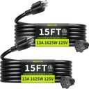 16/3 Black 15 FT (2Pack) Extension Cord, Indoor Extension Cord for Laptops, Coffee Makers, Office Home Appliances, 3 Prong Resistant Cable Flexible, 13A 125V 1625W ETL Listed