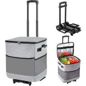 Collapsible Large Rolling Cooler 60-Can/40L,3-in-1 Insulated Soft Cooler Bag,Adjustable Wheels&Handle, Rolling Cooler Cart for Beach Camping Travel Outdoor Hot Takeout Orders (gray)