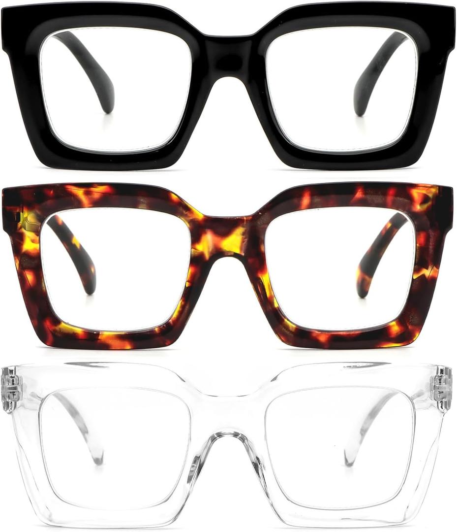 REAVEE 3 Pack Thick Frame Oversized Reading Glasses for Women Blue Light Blocking Computer stylish Readers with Spring Hinge (Black + Tortoise + Clear, +1.25)