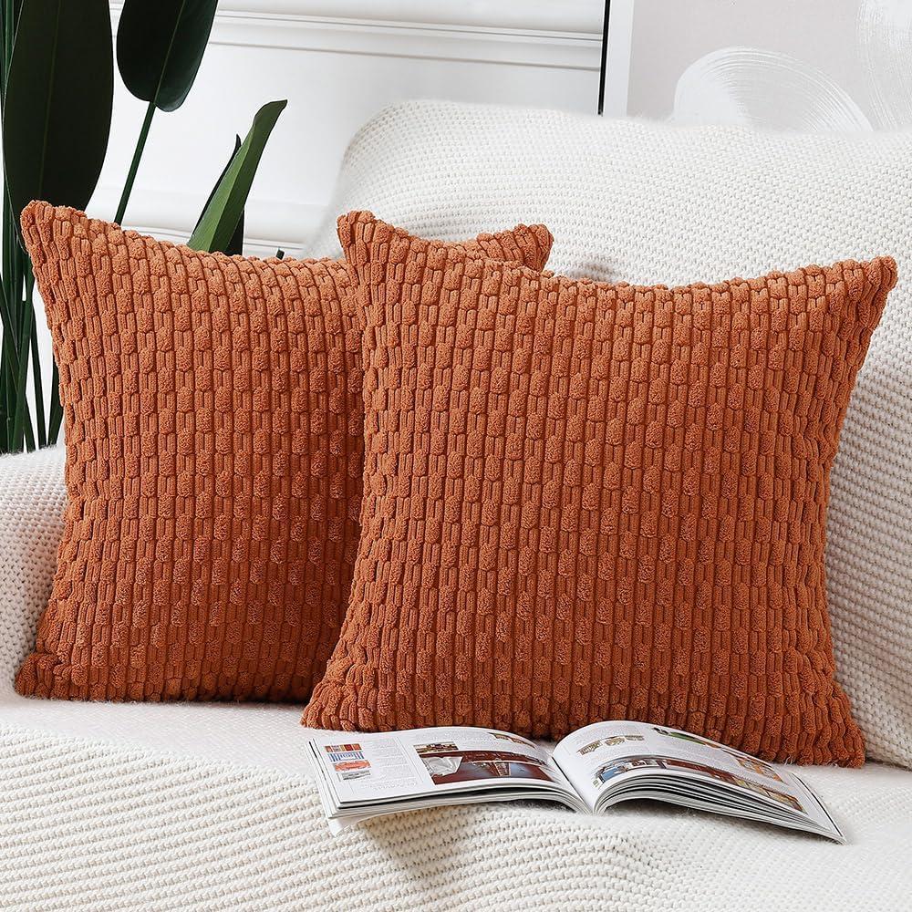 MADIZZ Pack of 2 Corduroy Decorative Throw Pillow Covers 18x18 Inch Rust Soft Boho Striped Couch Throw Pillows for Bed Pillowcases for Sofa Livingroom Home Decor
