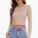 Crew Neck Long Sleeve Crop Tops for Woman Workout Basics Fitted Cute Tshirts for Teen Girl Y2k Summer Fashion Casual  Beige L
