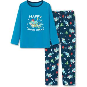 Tebbis Cozy Pajamas For Little/Big Boys Blue Shark Pattern Long Sleeves Holiday PJs Set Kid Size 6-18 (10)