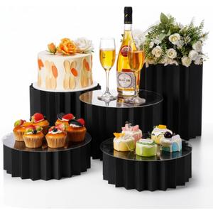 Capoda 5 Pieces Buffet Risers - 12" Cylinder Party Stands with Acrylic Plates Foldable Food Display Risers for Dessert Jewelry Cupcake Catering Supplies Wedding Birthday Party Table Decoration(Black)