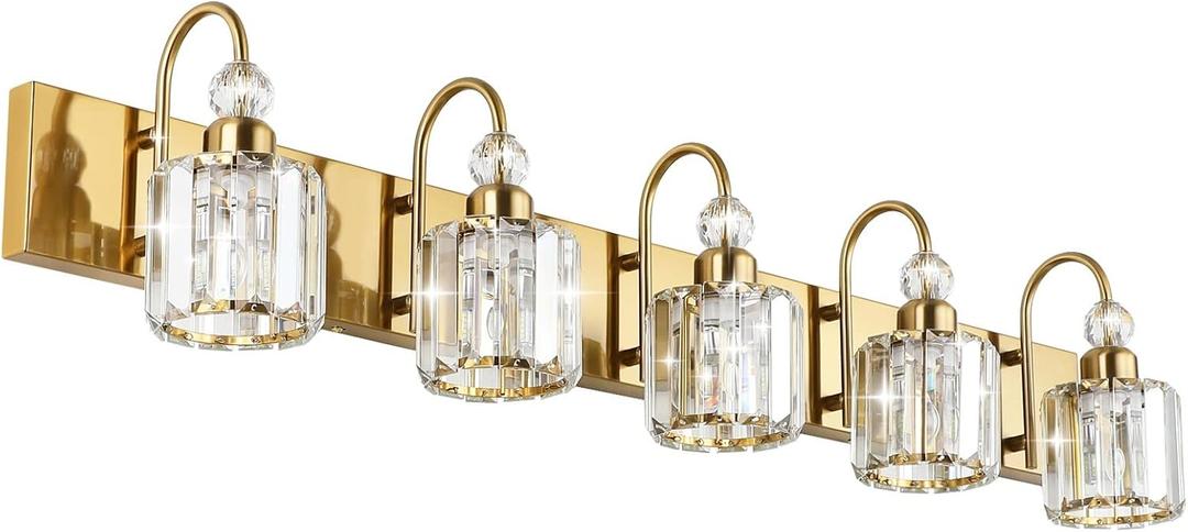 Ralbay Crystal Vanity Lights 5-Lights Brass Gold Over Mirror Modern Bathroom Wall Lighting Fixtures