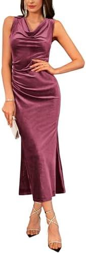 GRACE KARIN 2026 Velvet Wedding Cocktail Maxi Dresses for Women Pink M | Sleeveless, Ruched Dresses, Cowl Neck, Mermaid Hem, Back Zipper, Great for Proms/Dinners/Birthday Party/Christmas