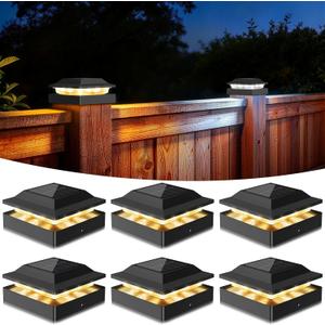 Solar Post Cap Lights 6-Pack, IP65 Waterproof Fence Post Solar Lights for 4x4 Wood/Vinyl Posts, Outdoor Post Lights with 2 Color Modes Decorate Garden Patio Porch Backyard, Black