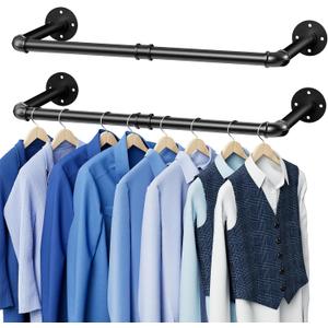 Wall Mounted Clothes Rack 36.4 Inch, 2 Pack Industrial Pipe Clothing Rack, Black Wall Clothing Rack, Multi-Purpose Clothing Hanging Rod for Closet