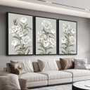Large Framed Floral Wall Art, Elegant Blossom Plants Wall Pictures 16"x24" Set of 3 Light Grey Botanical Painting Prints Botany Peony Canvas Artwork for Living Room Bedroom Home Office Decor (neutral)
