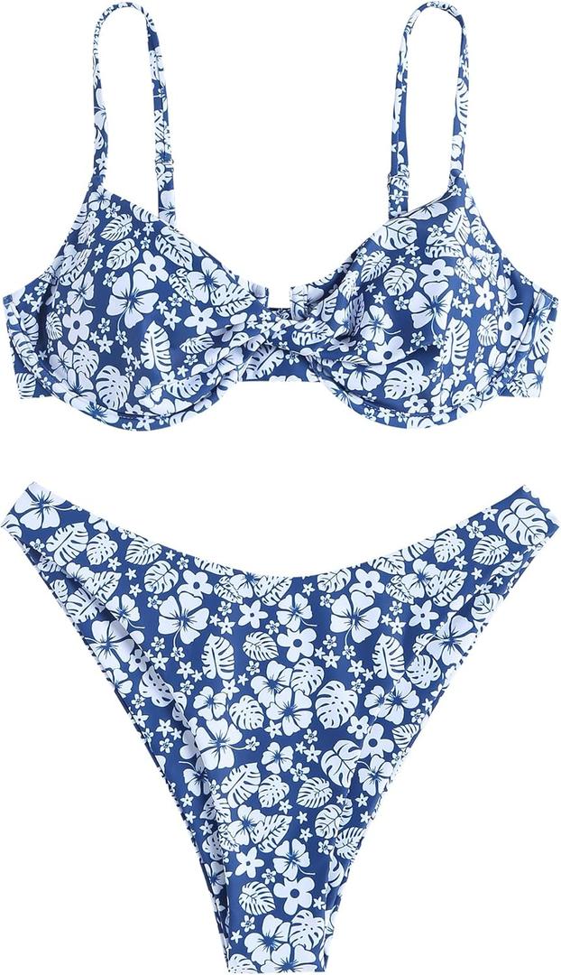 ZAFUL Women's Twist Front Bikini Sets Underwire Tie Back Bikini High Waisted Two Piece Swimsuit (1-floral Navy Blue) S