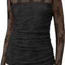 XIEERDUO Women's Sexy Sheer Long Sleeve Tops Crew Neck Mesh Ruched Going Out Shirts Blouse Date Night Outfits (Black, XS)