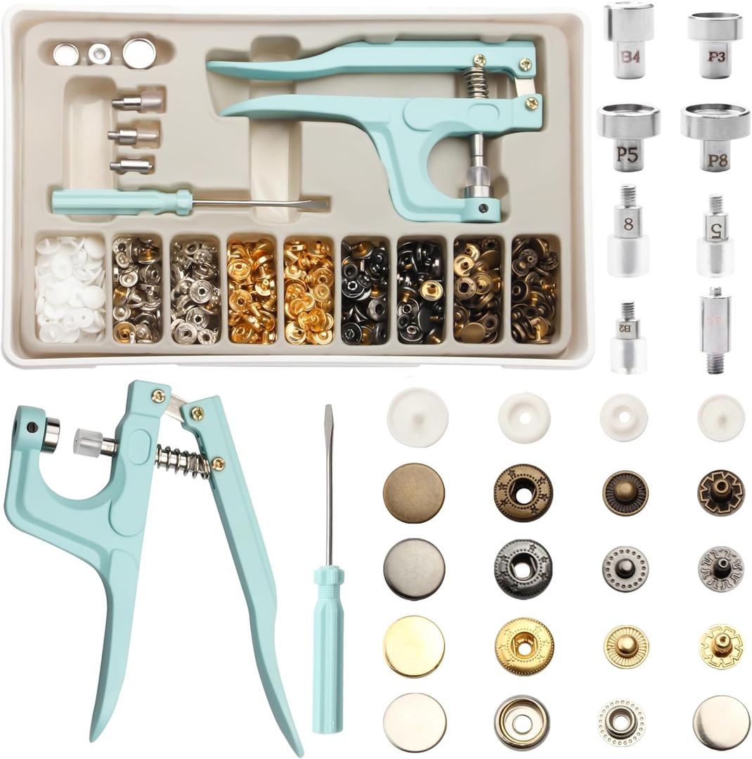YUSBUTON Snap Button Kit - Metal & Plastic Buttons with Fastener Pliers Tool Kit for Leather & Fabric - 140PCS Snap Buttons for Clothes, (5 Color) 2024 (140 Sets)