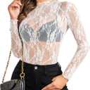 Avidlove Women's Mesh Top Long Sleeve Mock Neck Sheer Blouse See Through Floral Lace Tops (X-Large, White)