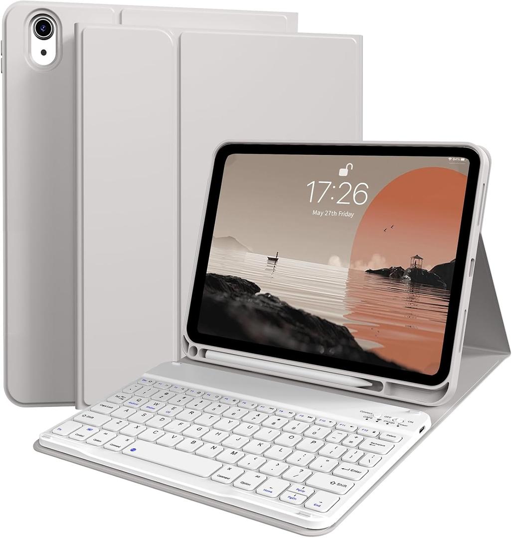 kenke for iPad 11/10th Gen Case with Keyboard 11/10.9 inch 2025 A16/2022, Detachable Wireless Bluetooth Keyboard Case Thin & Light with Built-in Left Side Pencil Holder, White Square Keycaps (Gray)