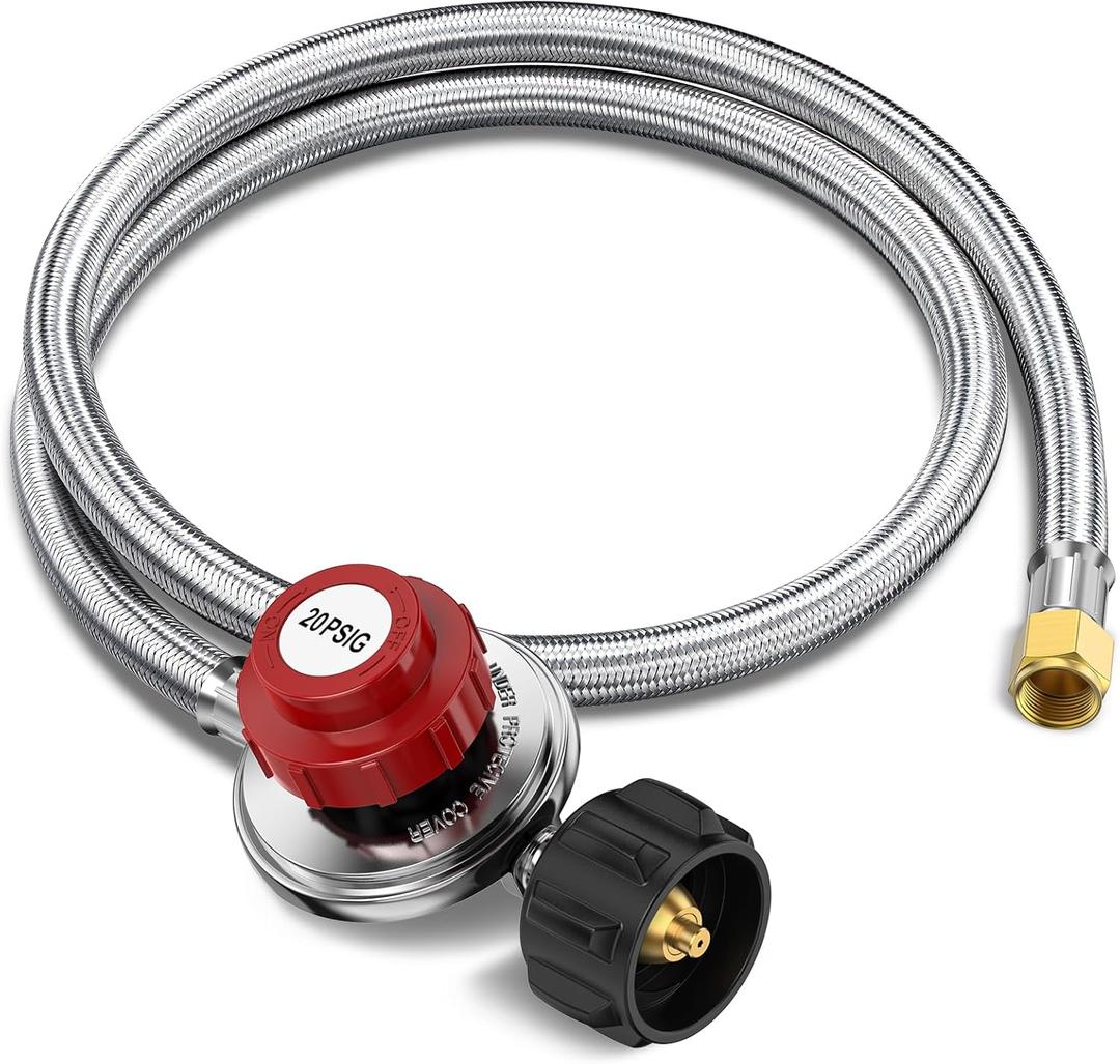 4FT Propane Regulator with Hose, High Pressure Adjustable Propane Tank Regulator, QCC1 & 3/8 Female, Braided Propane Hose for Burner, Fish Fryer, Turkey Fryer, Forge, Smoker, Cooker0-20PSI