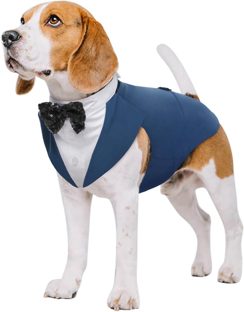 Kuoser Dog Tuxedo Dog Suit and Bandana Set, Dogs Tuxedo Wedding Party Suit, Doggy Prince Bow Tie Shirt Formal Pet Wedding Attire for Large Medium and Small Dogs Golden Retriever Samo Bulldogs, Blue Large