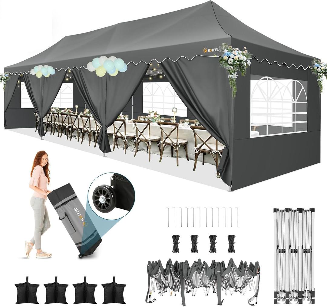 HOTEEL 10x30 Pop Up Canopy with 8 Sidewalls, Easy Setup Party Tent with Weight Bags, Wheeled Bag, Waterproof Event Shelter with Extra Roof Height for Backyard, Wedding (Green Gray)