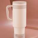 40 oz Insulated Tumbler with Handle and Push-Button Straw Lid, Stainless Steel Travel Cup for Gym Office, Leakproof, BPA-Free, Cup Holder Friendly, Bow Silicone Boot, Beige (Cream Latte) 