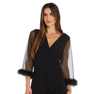 R&M Richards Women's Elegant Feather Trim Wrap Mini Dress W/Illusion Long Sleeves, Ruched Waist & Rhinestone Brooch Black, Size 4P