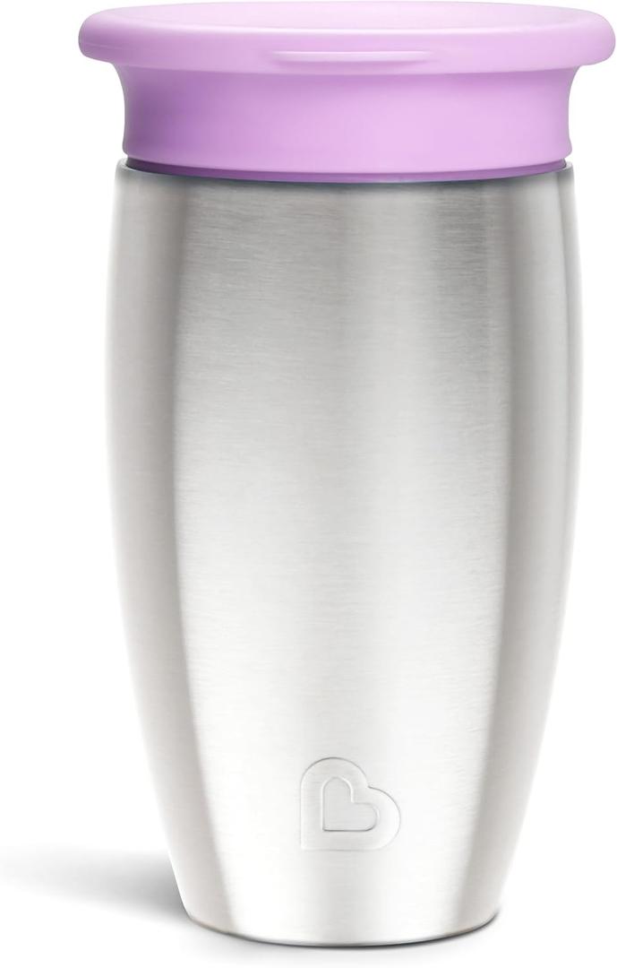 Munchkin Stainless Steel Sippy Cups for Toddlers 1-3, Spill Proof Miracle 360 Cup, Insulated, 10 Ounce, Purple