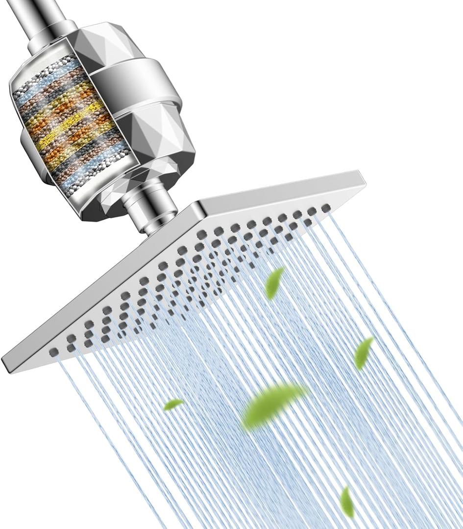 Hibbent Metal Filtered Shower Head, 6'' High Pressure RainShower Head, 20 Stage Shower Filter for Hard Water Softener, Bathroom Rainfall Shower Head to Remove Chlorine and Heavy Metals, Chrome
