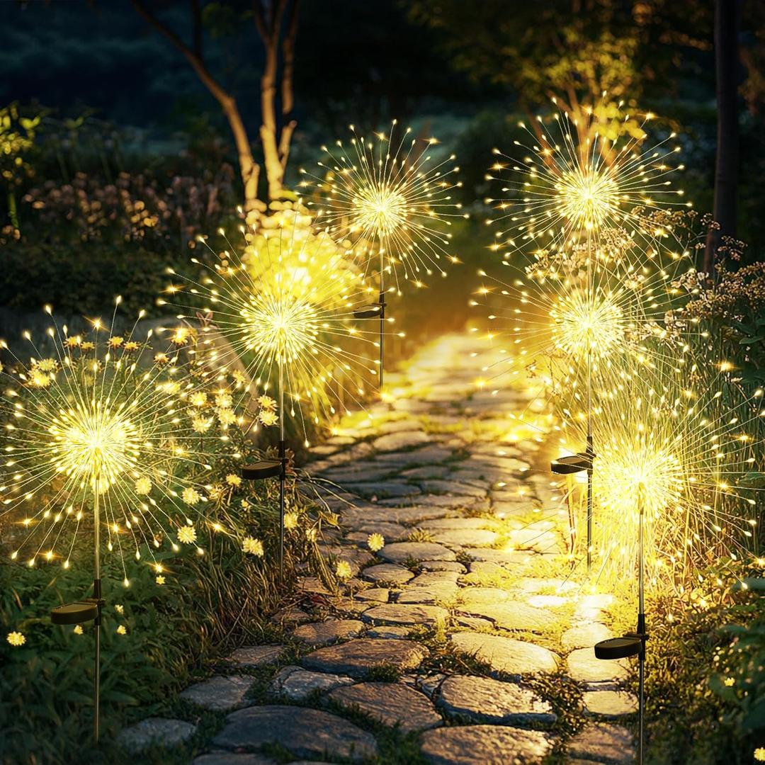GIGALUMI Garden Decor Outdoor Lights 120LED 6Pack, Solar Garden Lights for Christmas Outside Fairy Firework Decorative,Solar Powered for Yard Pathway Flowerbed Planter Balcony Patio Decor (Warm White)