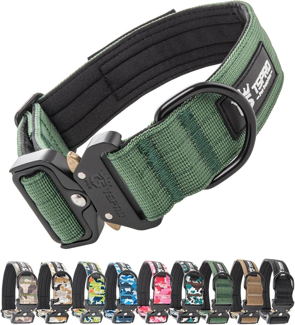 TSPRO Premium Dog Collars Tactical Dog Collar with Patch and Heavy Duty Quick-Release Metal Buckle Durable Thick and Adjustable for Medium to Large Dogs (Green L) (Patch-Equipped L (18.5"-25" Adjustable))