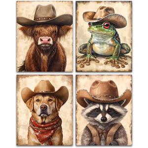 Western Cowboy Nursery Wall Art Prints,Funny Animals Cowboy Wall Art Prints,Vintage Western Farmhouse Wearing Cowboy Hat Wall Decor for Nursery Kid Room Set of 4(8"x10"Unframed)