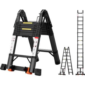 16.5 FT Telescoping A Frame Ladder,Aluminum Extension Ladder,Heavy Duty 330 lbs Max Capacity with Stabilizer Bar&Wheels,Multi-Purpose Portable Collapsible Ladder for Home,Work Black