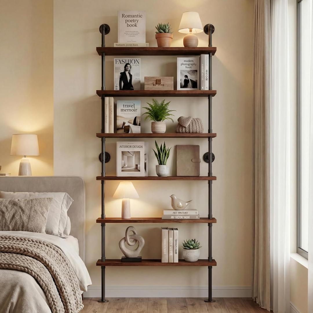 6 Tier Industrial Ladder Shelf Bookcase, Wall Mounted Rustic Bookshelf for Living Room Decor and Storage (Walnut Color, 6 Tier - 10" D x 36" W x 82.5" H)