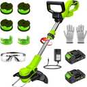 Weed Wacker Battery Powered20V Cordless Trimmer and Lawn Mower, 12-Inch Cordless Mower with 2  2.0Ah Batteries and Quick Charger with 4 Trimmer Spools and 2 Spool Covers, Green