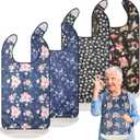 Bravace 4 Pack Adult Bibs for Eating Waterproof Clothing Protector with Detachable Crumb Catcher Adult Bibs for Women and Men (Colorful Big Flower)