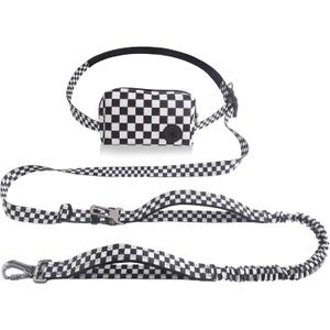 Roses&Poetry Hands Free Dog Leash with Zipper Pouch, 6-9ft Bungee Waist Leash for Medium Large Dogs Walking, Running Lead with Dual Padded Handles Car Safety Buckle for Training Jogging (Checkered)