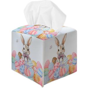 Colorful Rabbit Eggs Tissue Box Cover, Easter Square Leather Tissue Holder with Bottom Belt, Decorative Facial Paper Organizer for Home Office Car Bathroom Vanity Countertop, Easter Decorations /11