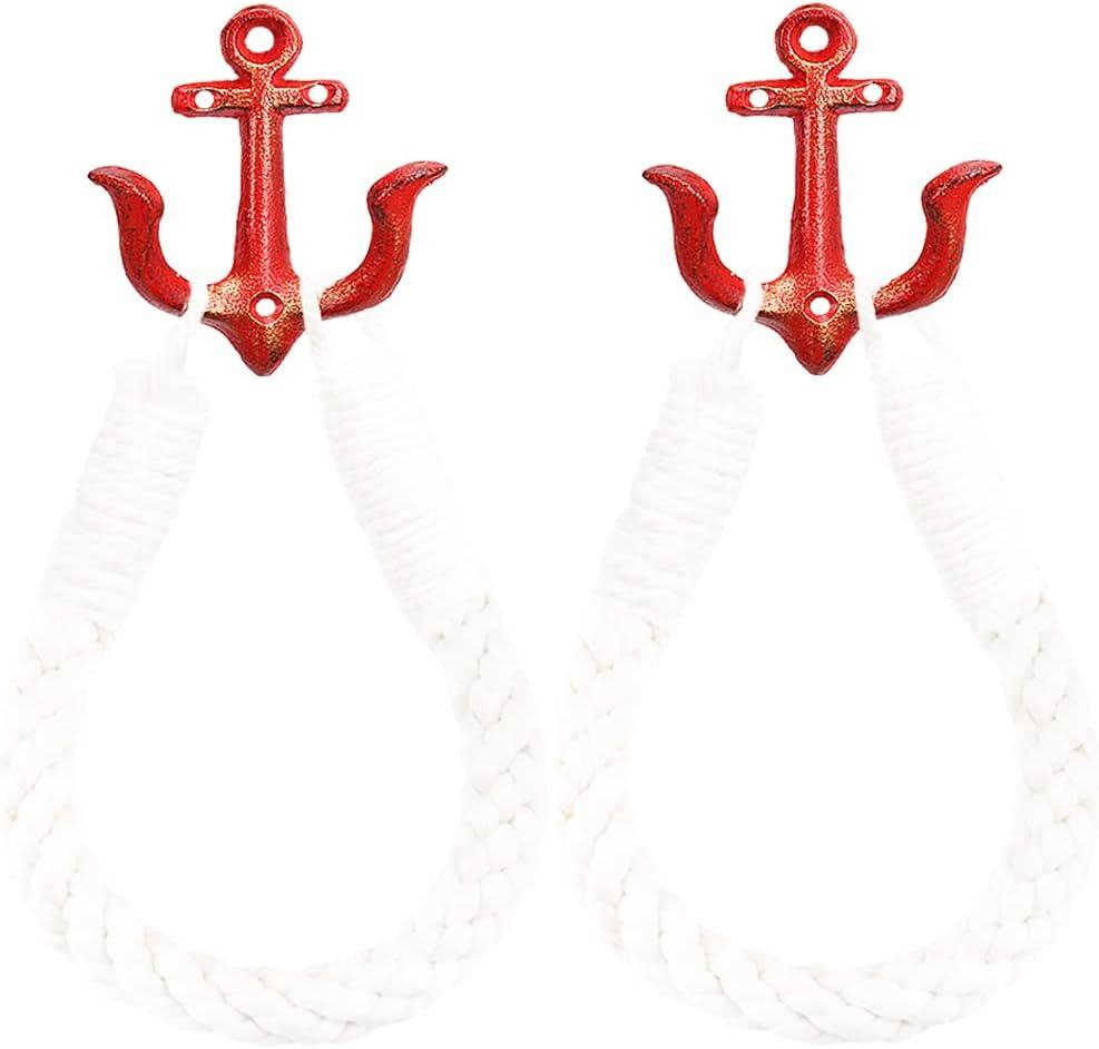 2Pcs White Nautical Rope Toilet Paper Holder Wall-Mounted Towel Ring Nautical Toilet Paper Holder with Metal Hooks Coastal Towel Rack Natural Antique Rope(Red+Red)