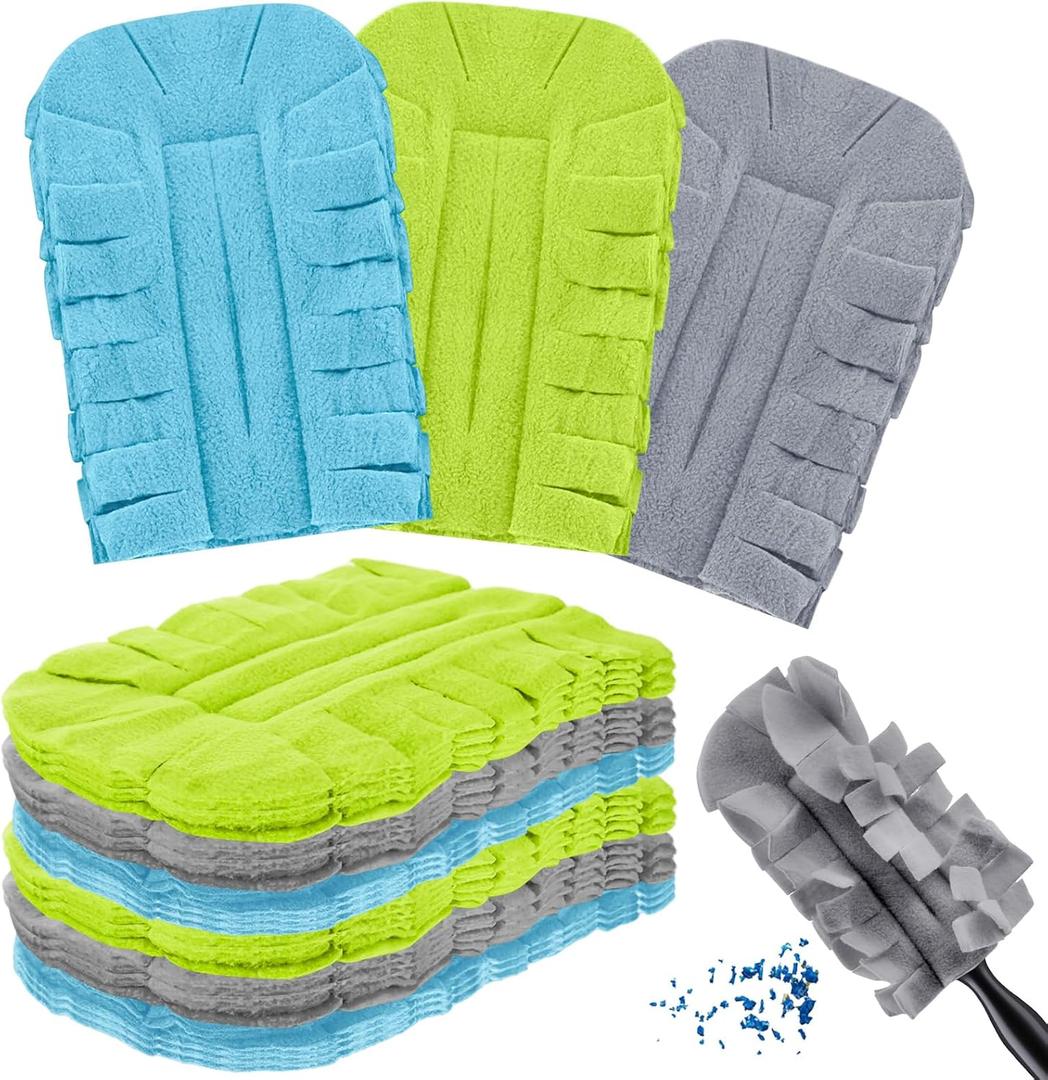 Zubebe 12 Pcs Duster Refill Reusable Fleece Duster Refills Feather Flat Dusters Multi Surface Washable Cleaning Pads Tools for Home, Blinds, Car, Pet, Furniture, Fans (Blue,Green,Grey)