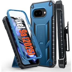 FNTCASE for Google Pixel 9A Case: Military Grade Rugged Cell Phone Cover with Kickstand & Belt Clip Holster | Shockproof TPU Protection Bumper Matte Textured Design | Heavy Duty Protector(Blue)