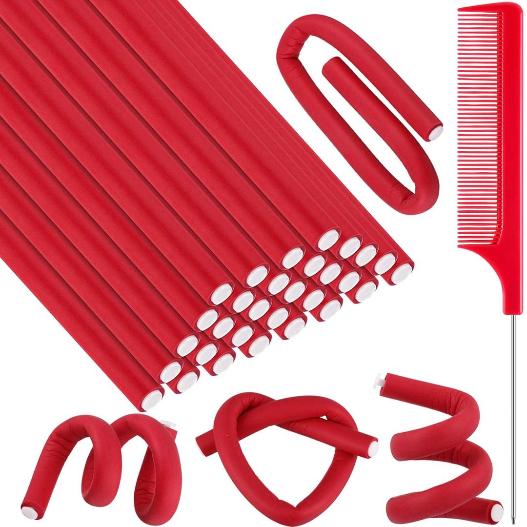 Syhood 30 Pcs Flexible Curling Rods 9.45 Twist Foam Rollers Soft Foam No Heat Hair Rods Rollers and 1 Steel Pintail Comb Rat Tail Comb for Women Long Short Hair (Red, 9.45 x 0.3 Inch)