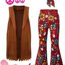 LENSOUS Girls Kids 60s 70s Hippie Costume Pants Set Outfits Fringe Vest Peace Flared Pants Accessories Set (12-14 Years)
