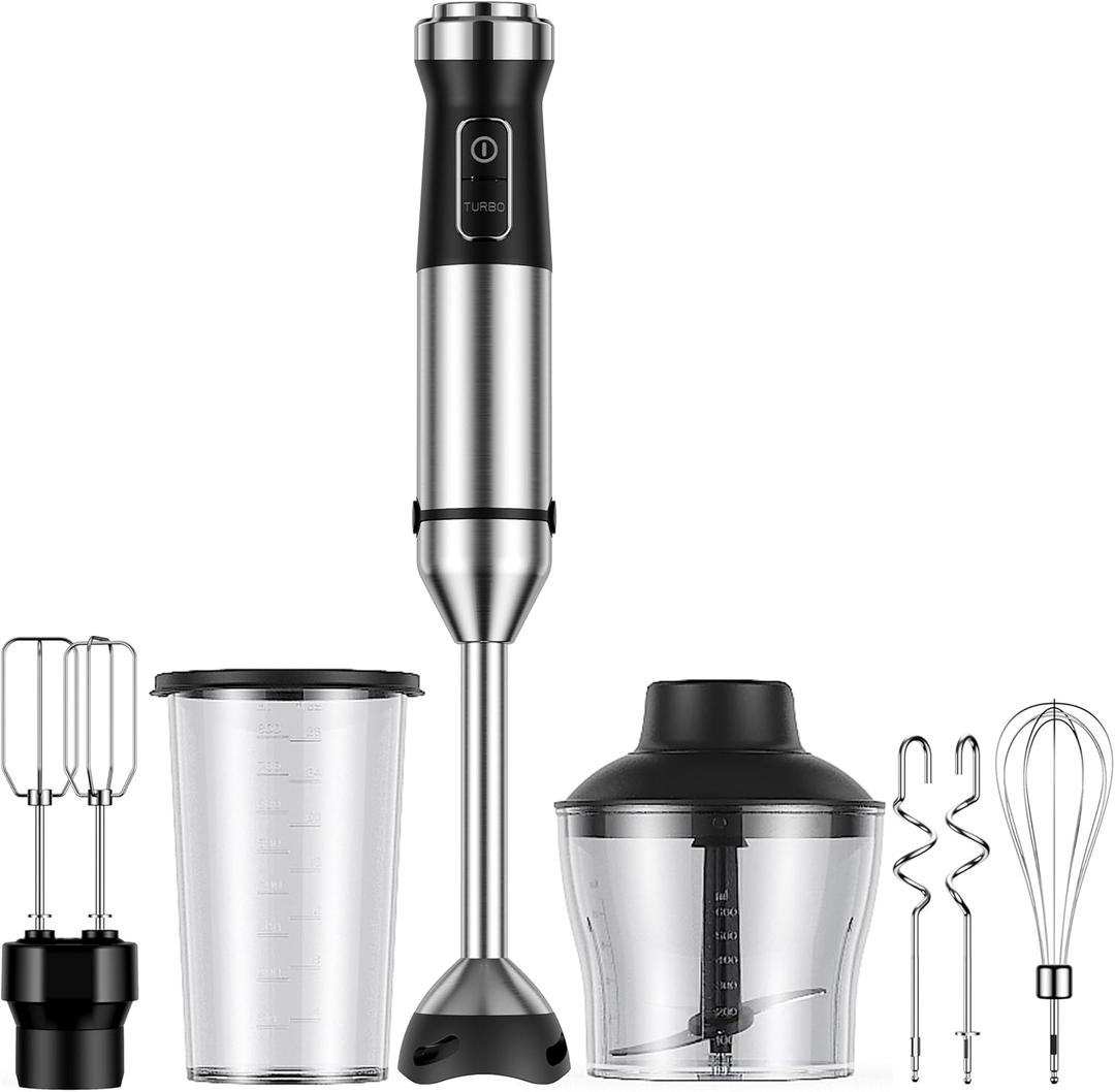 GDOR Immersion Blender, 6-in-1 1000W Hand Blender, Scratch-Resistant hand mixer with 20 Speeds, Whisk, Chopper, Beaker, Egg Beaters & Dough Hooks, Stainless Steel, Black