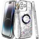Designed for iPhone 15 Pro Max Magnetic Case Compatible with MagSafe, Tempered Glass Screen Protector/Camera Lens Protector/Wrist Strap Lanyard, Glitter Floating Liquid Cute Case (Diamond)